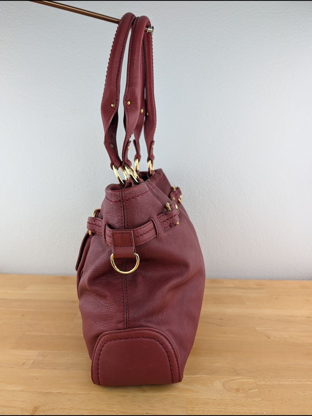Sigrid Olsen Red Pebbled Leather Satchel Shoulder Bag Gold Stud Hardware Detail - Picture 12 of 16